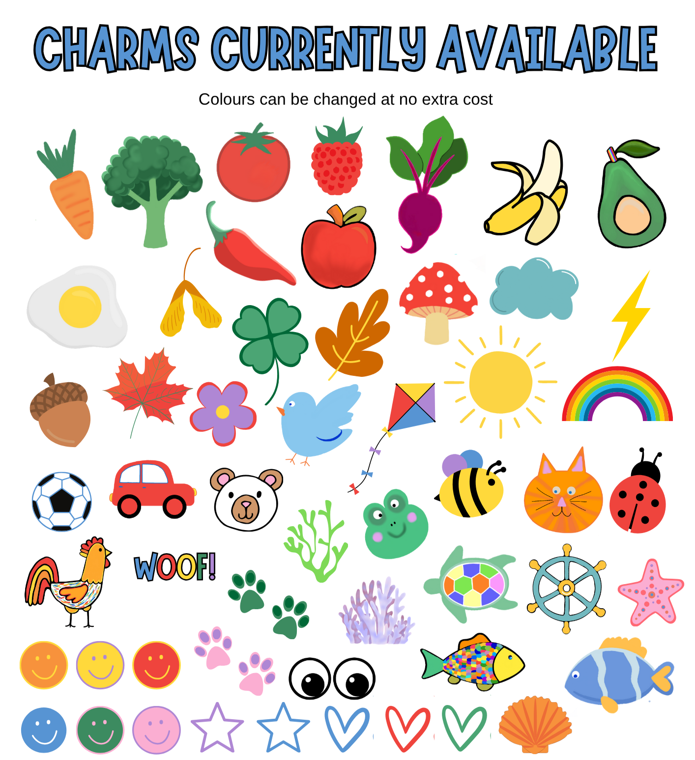 Collection of colorful charms including vegetables, animals, and nature-themed items on a white background.