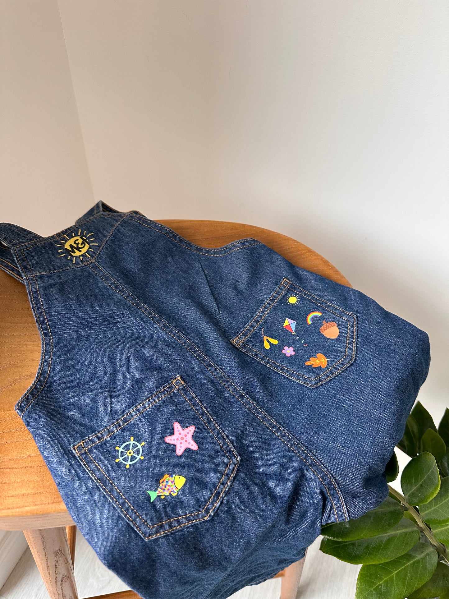 Sustainable 100% cotton denim dunagrees with personlised features. Fishing theme. 
