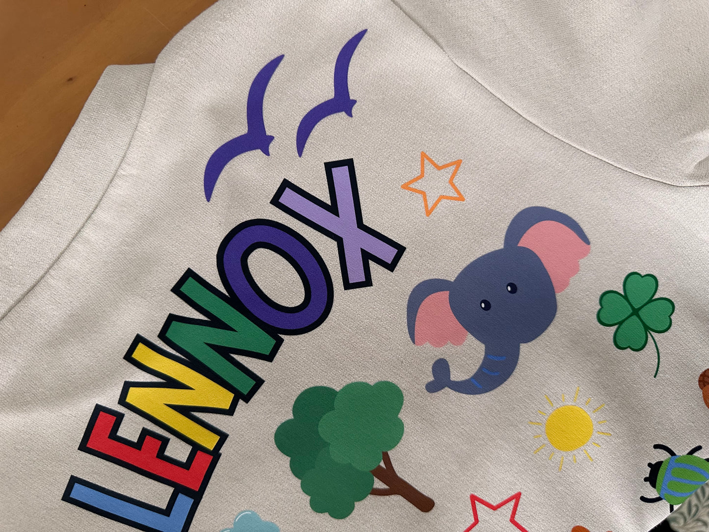 Bespoke custom personalised sweatshirt for child with surname. Animal and outdoors themed. 