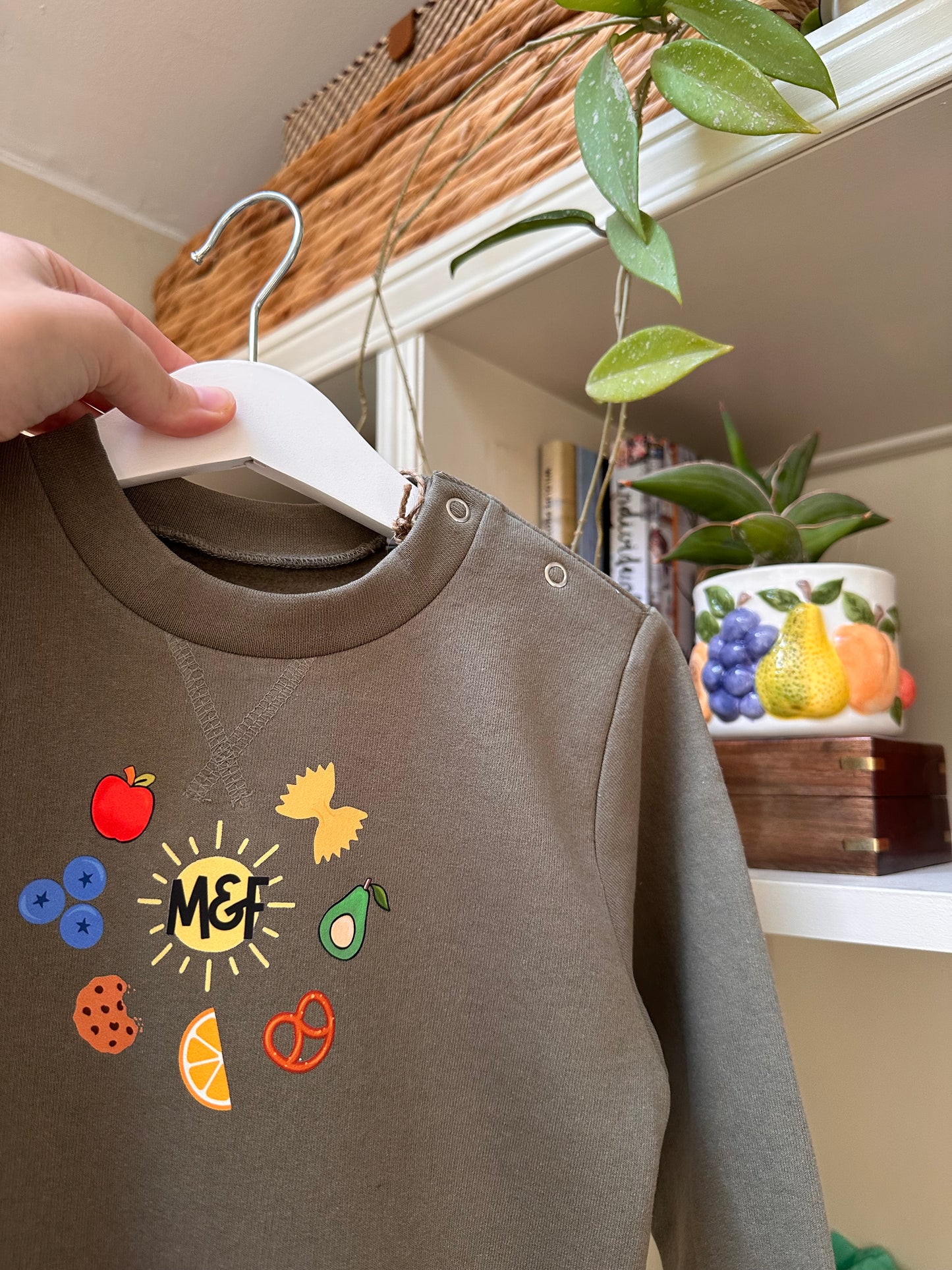 Front sweatshirt design. Bespoke fruit/veg/snack themed for toddler. 