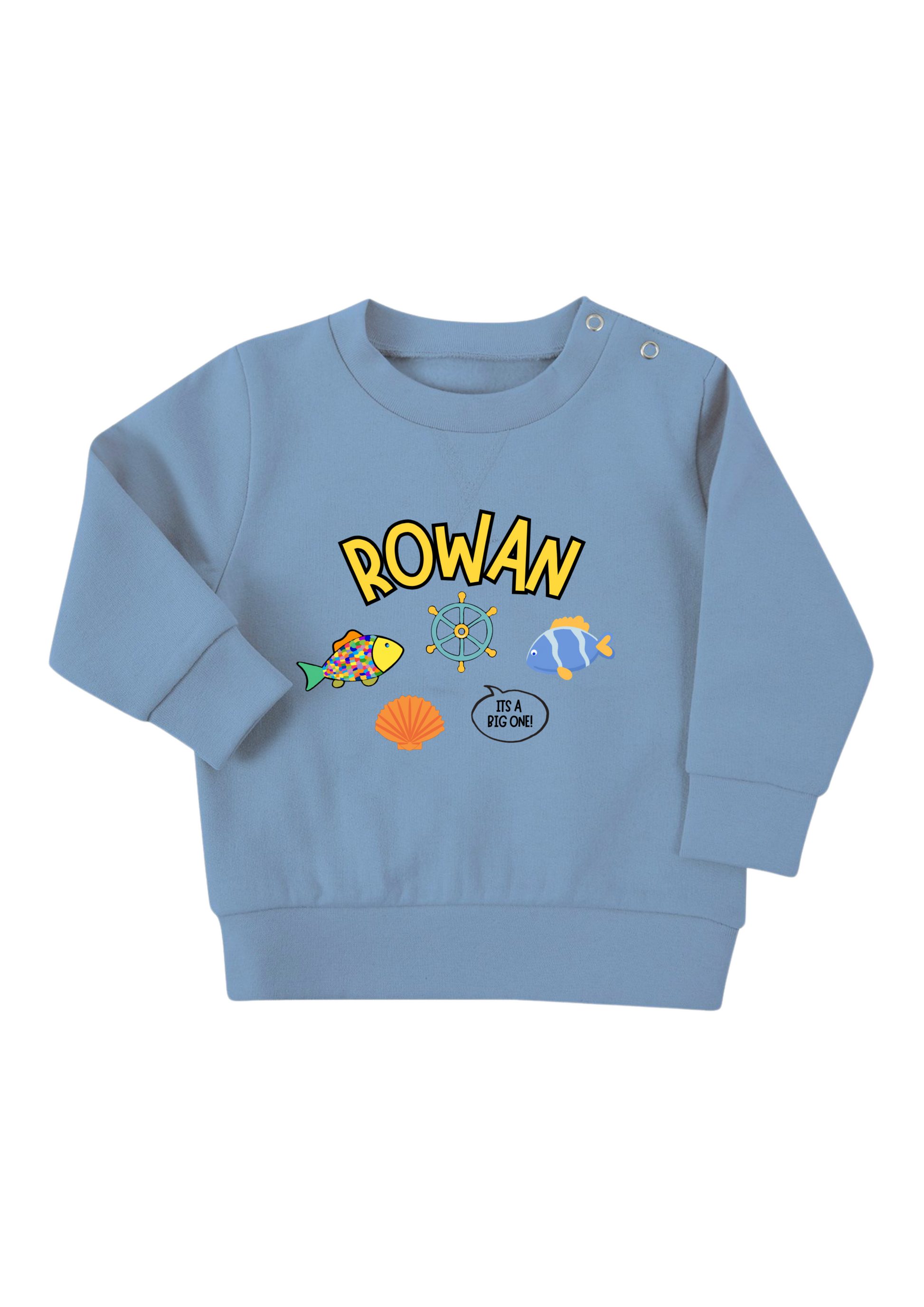 Light blue children's sweatshirt with colorful graphics and 'ROWAN' text on a white background